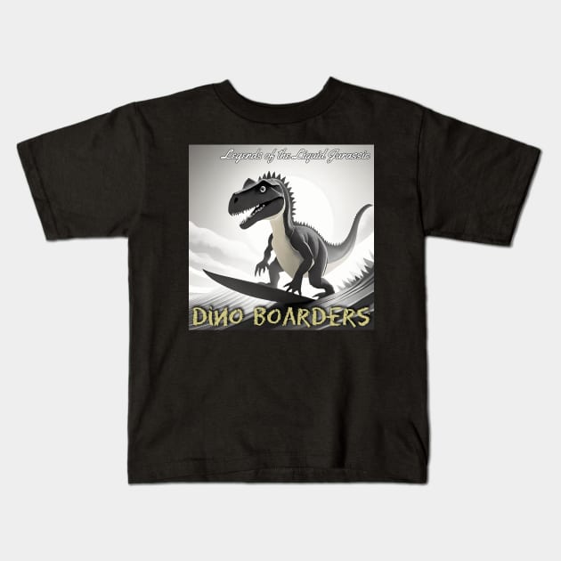 Dinosaur Surfing Funny Kids T-Shirt by sovadesignstudio